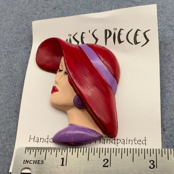 Red Hat Society Pin Brooch Plaster Red Purple Ribbon Lady Handmade Hand Painted - Picture 3 of 3